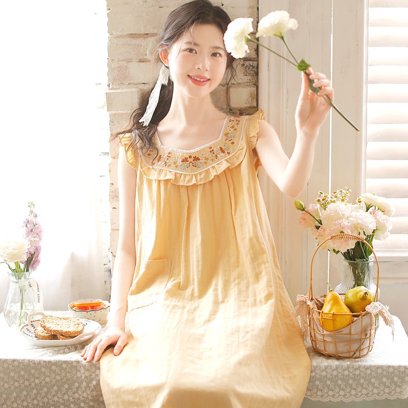 Cotton Sweet Embroidered Ribbon Chest Pad Nightdress