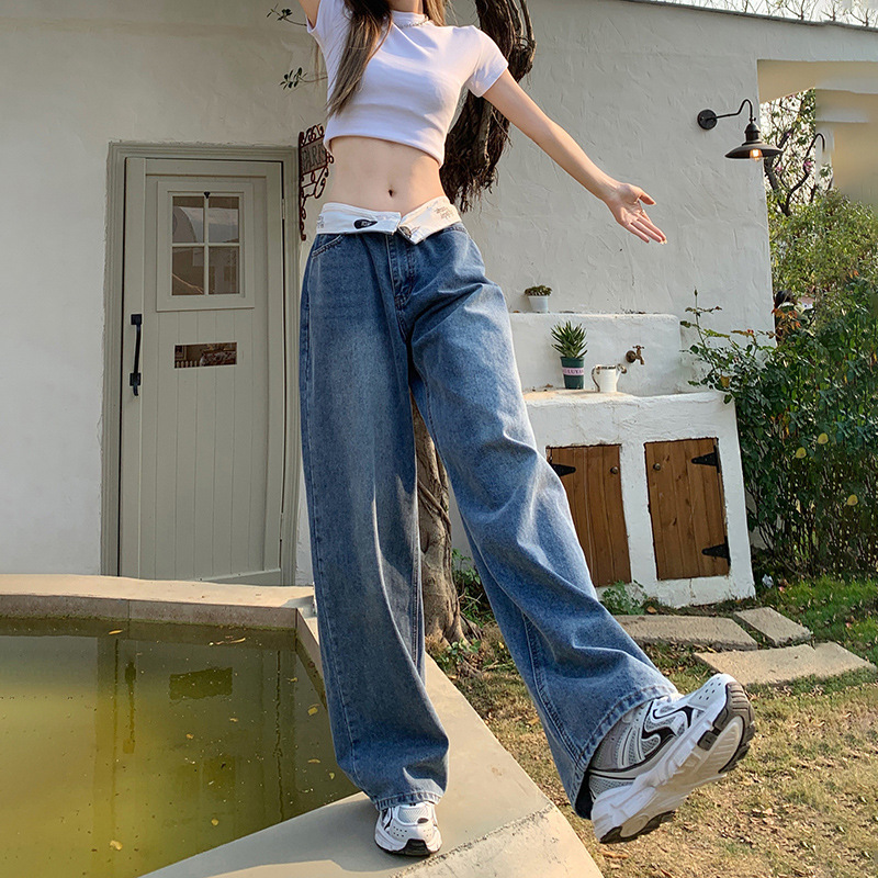 Niche Retro High Waist Flip All match Draping Loose Straight Jeans For Women Trousers - Shop at LoveMi