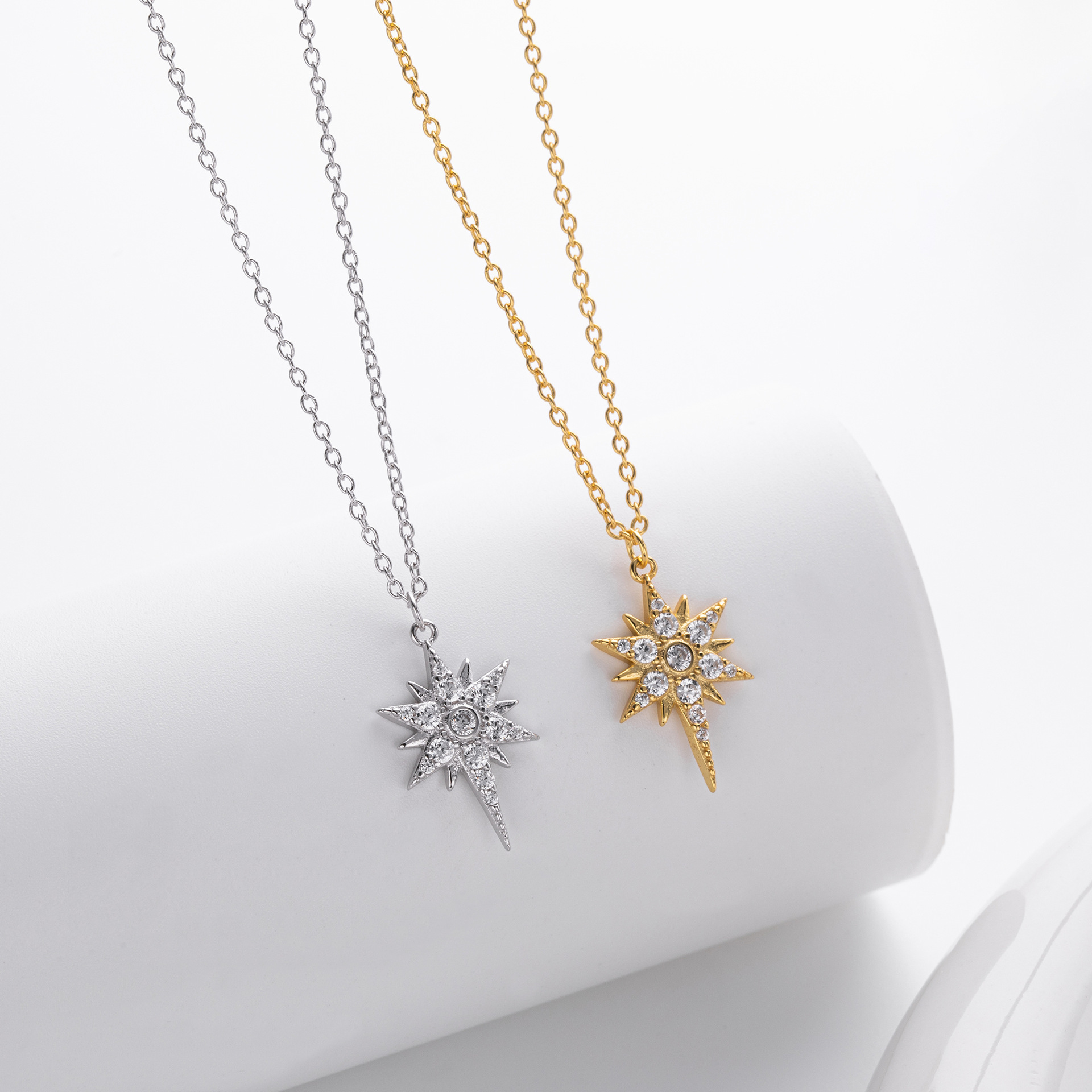 S925 Sterling Silver Inlaid Stone Eight-pointed Stars Pendant Necklace