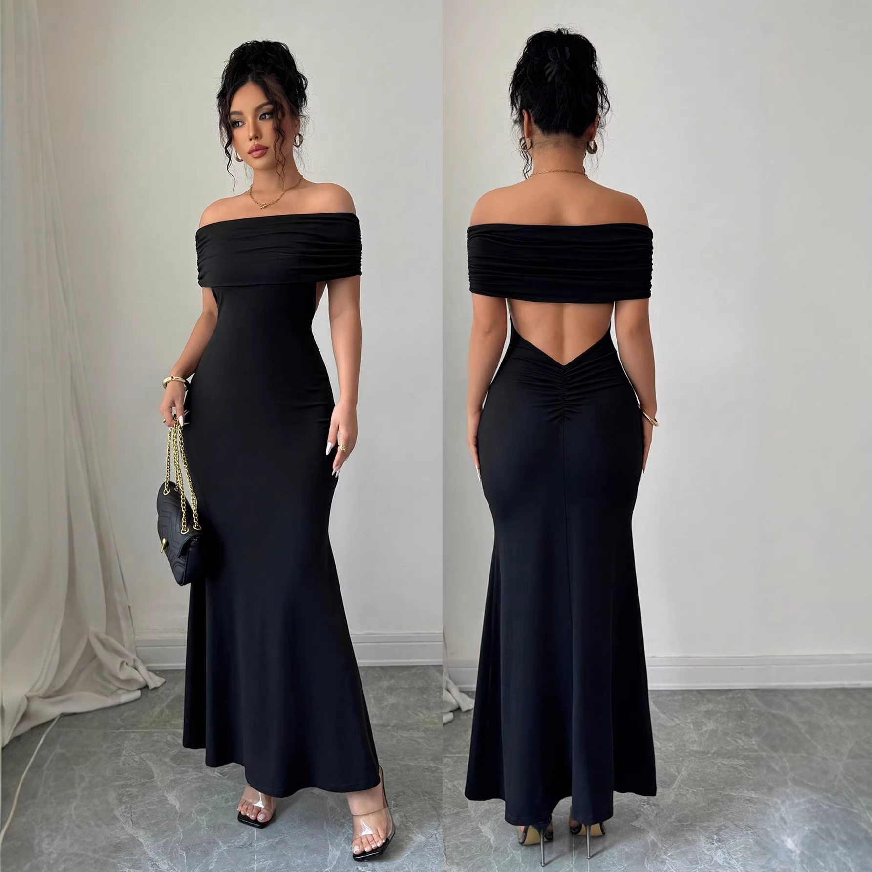 Womens Solid-Color Off-the-Shoulder Bodycon Dress With A Midriff-Baring Design