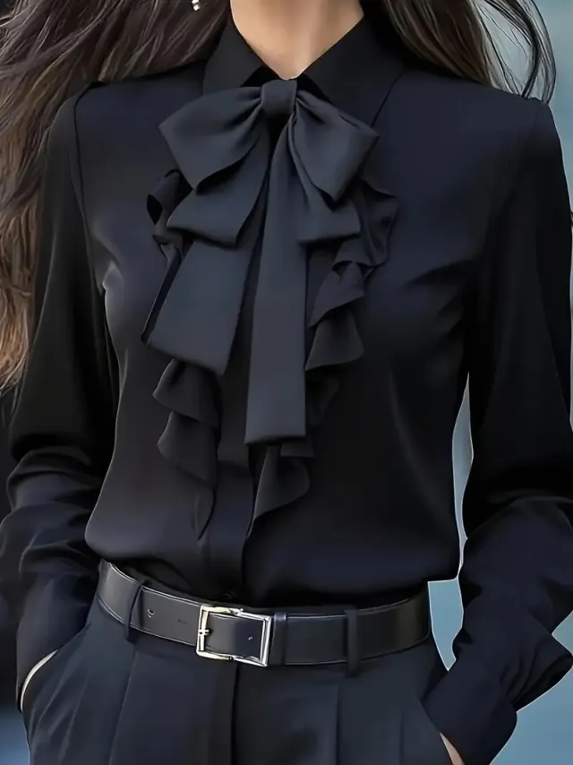Pure Color Tied Bow Ruffled Design Shirt For Women Black - Shop at LoveMi