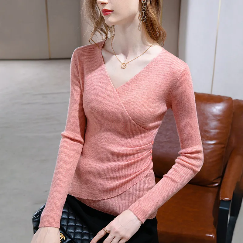 Cross V-neck Pullover Sheep Fur Sweater Elegant Inner Match Waist-controlled Top - Pink