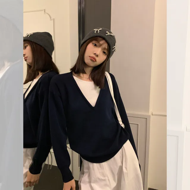 New Fake Two piece Knitted Sweaters Women Navy Blue - Shop at LoveMi