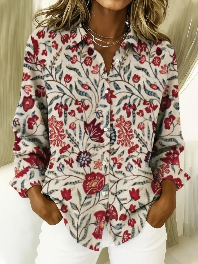 Casual Relaxed Fit Fashionable Long Sleeve Floral Print Shirt With A Turn Down Collar Floral - Shop at LoveMi