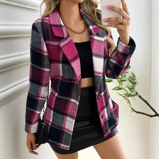 Loose Plaid Jacket Blazer Versatile Magenta L - Shop at LoveMi