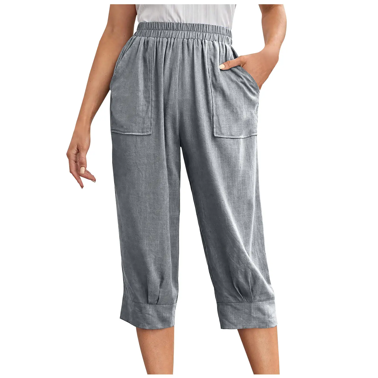 Solid-color Large-pocket Elastic-waist Cotton-linen Loose-fit Womens Casual Pants