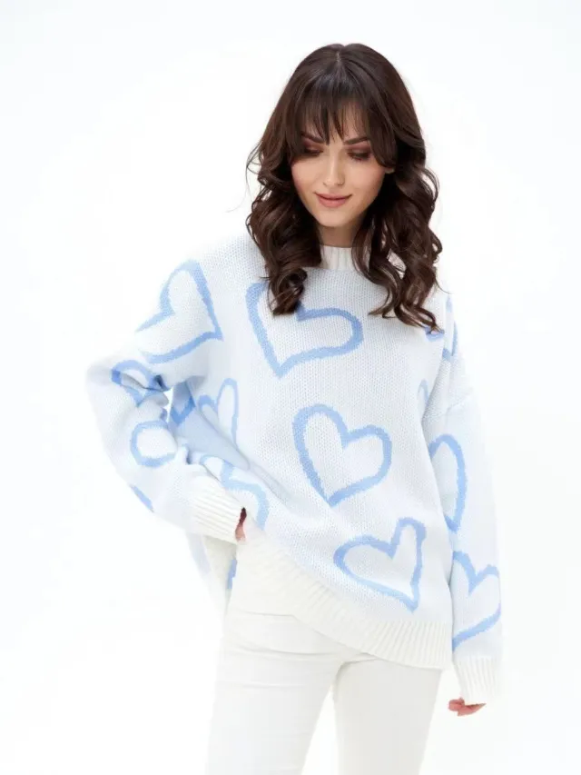 Round Neck Love Contrast Color Loose Pullover Sweater Blue - Shop at LoveMi