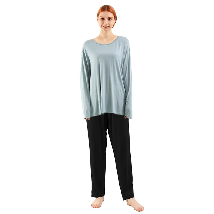 Loose High Elastic Bamboo Fibre Home Long-sleeved Trousers Suit - Water Blue Top Red Pants