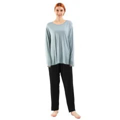 Loose High Elastic Bamboo Fibre Home Long-sleeved Trousers Suit - Water Blue Top Red Pants - View 1