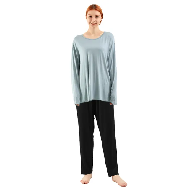 Loose High Elastic Bamboo Fiber Home Long sleeved Trousers Suit Water Blue Top Red Pants - Shop at LoveMi