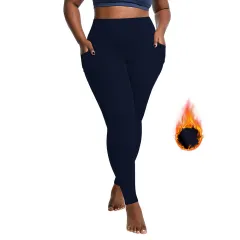 AutumnWinter Fleece-Lined Yoga Pants For Women, High-Waisted, Cropped Style - Navy Blue - View 1