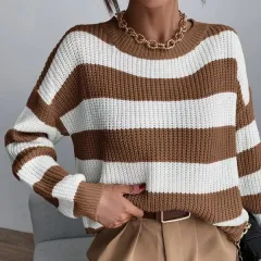Autumn And Winter New Knitwear Mixed Colour Stripe Loose Sweater - Brown - View 1