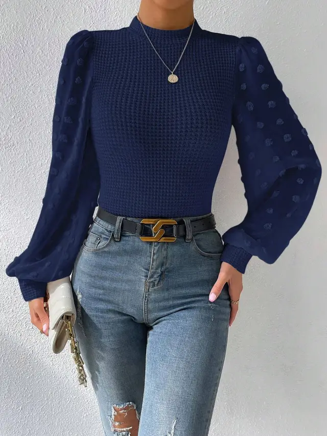 Women's Knitwear Round Neck Stitching Long Sleeve Dark Blue - Shop at LoveMi
