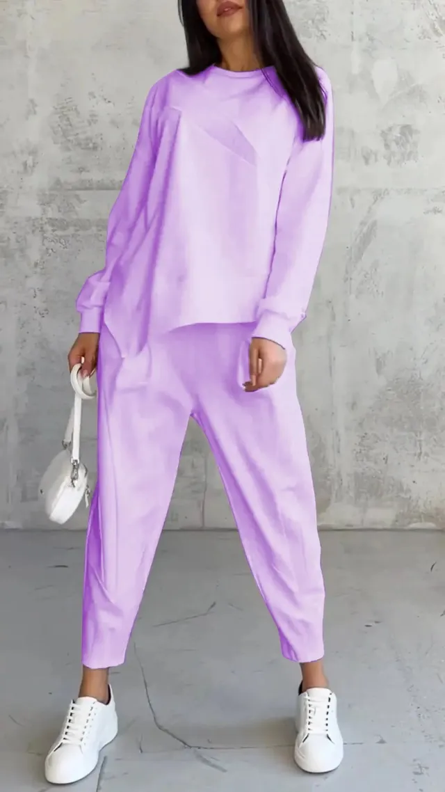 Women's Round Neck Loose And Irregular Long sleeve Sweater Set Violet - Shop at LoveMi