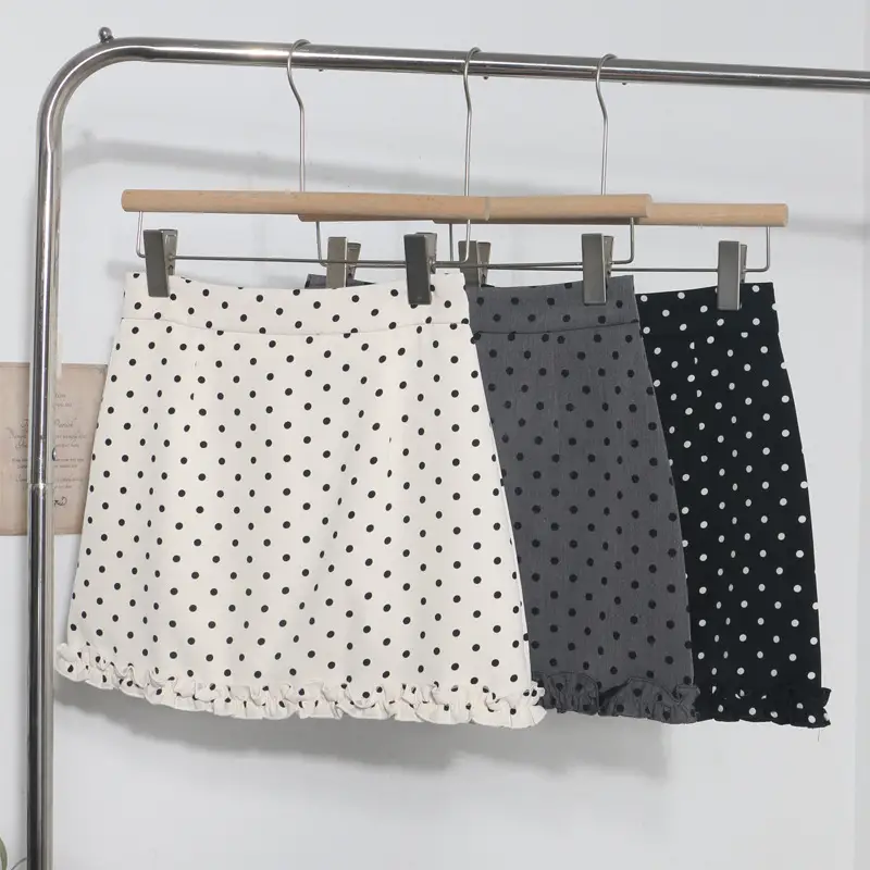 Korean-style Fringed Hem Polka-dot High-waist Anti-exposure A-line Sheath Skirt