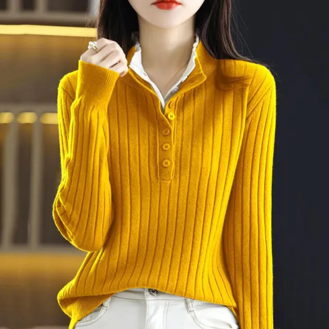 Fake Two piece Half open Collar Button up Sweater Women Yellow - Shop at LoveMi