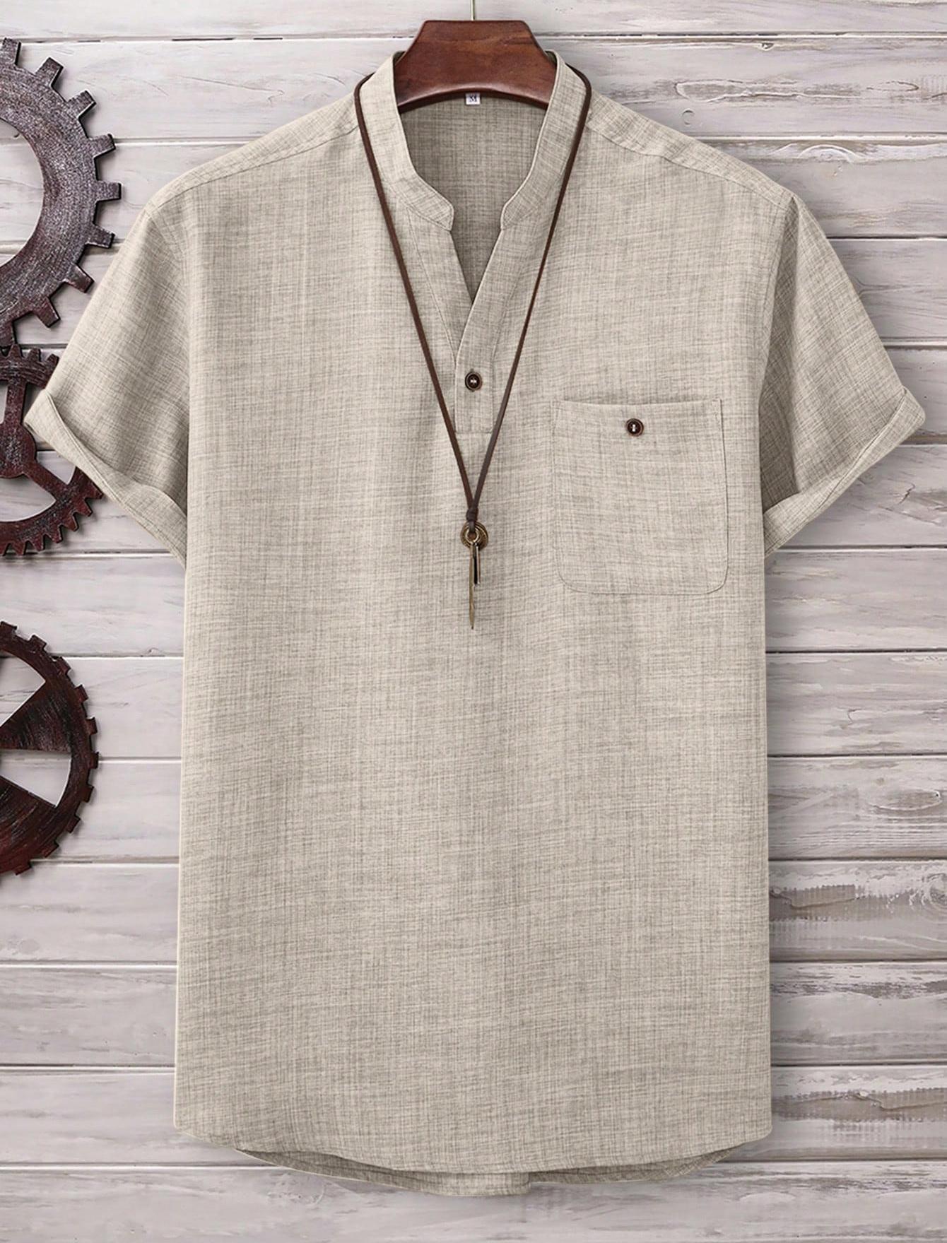 Mens Casual Short-sleeve Solid-color Shirt With A Turn-down Collar