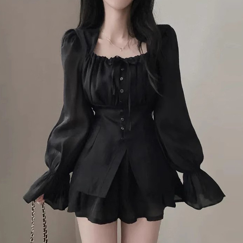 French Style Temperament Lace Pleated Bell Sleeve Sun Protection Shirt High Waist Wide Leg Shorts Suit