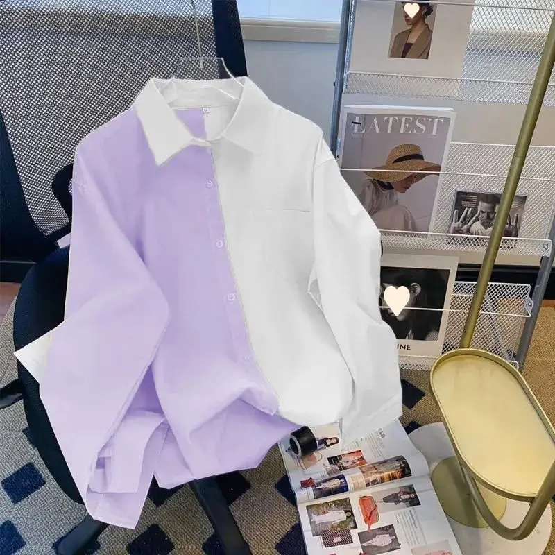 Long-sleeve Fashionable Color-block Blouse For Women