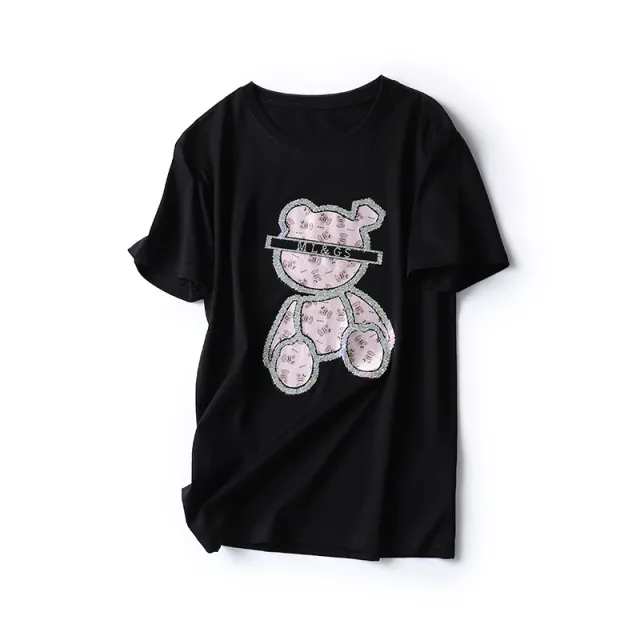 Heavy Embroidery Hot Drilling Bear Design Sense Niche Short Sleeve Black - Shop at LoveMi
