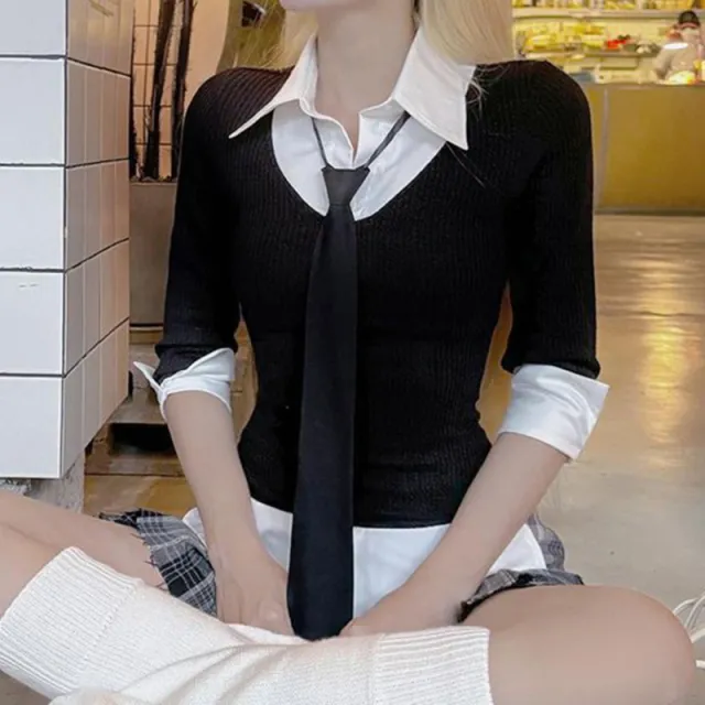 Autumn And Winter New Preppy Style Tie Polo Collar Top Short Skirt Slimming Women Top - Shop at LoveMi