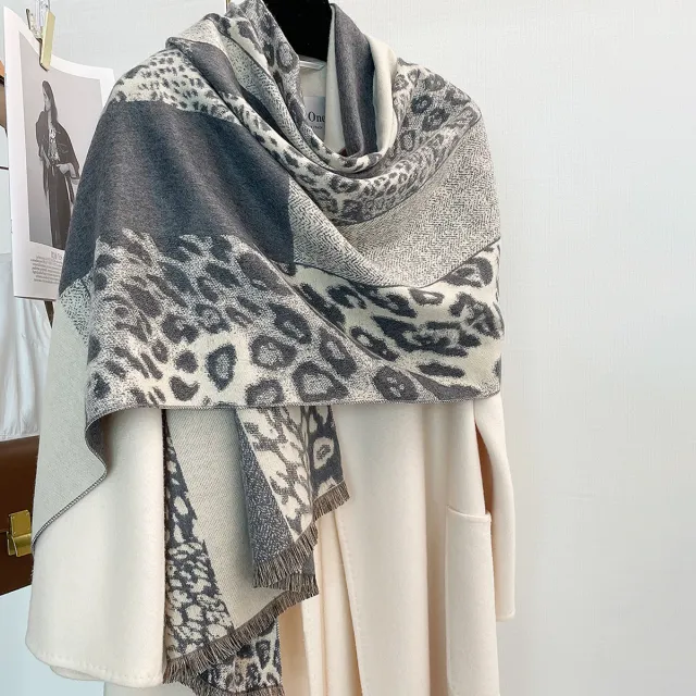 Autumn And Winter Color blocking Leopard Print Thick Warm Temperament Shawl Atmosphere Scarf Gray - Shop at LoveMi