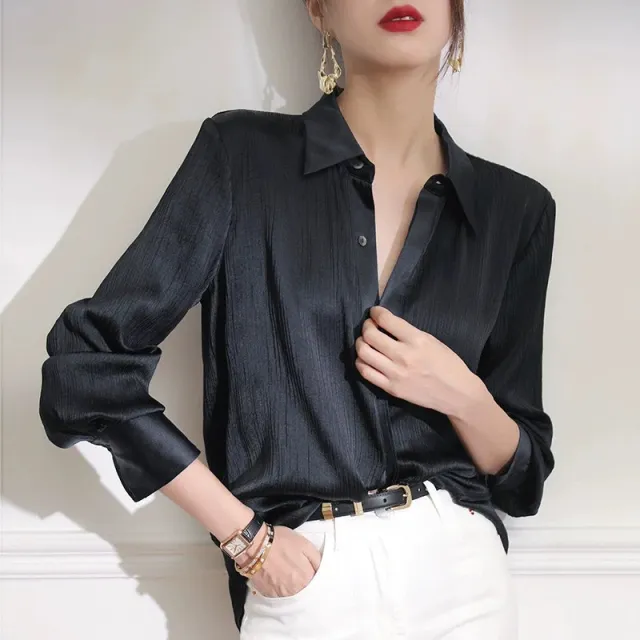 Solid Color Temperament Spring And Autumn Shirt Women Loose Copper Ammonia Silk Top - Shop at LoveMi