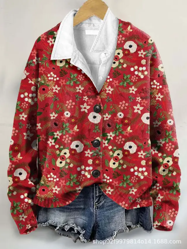 3D Flower Pattern Printing Autumn And Winter Casual Long Sleeve Coat Style 1 L - Shop at LoveMi
