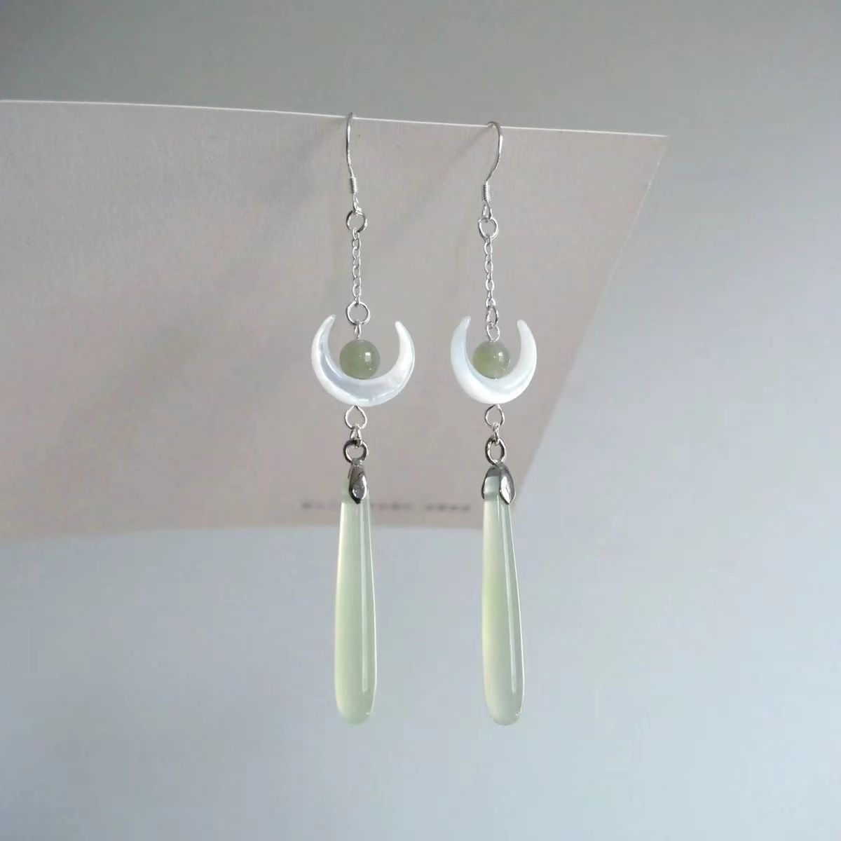Hetian Jade Moon-shaped Earrings Light Green Water-drop Long Style