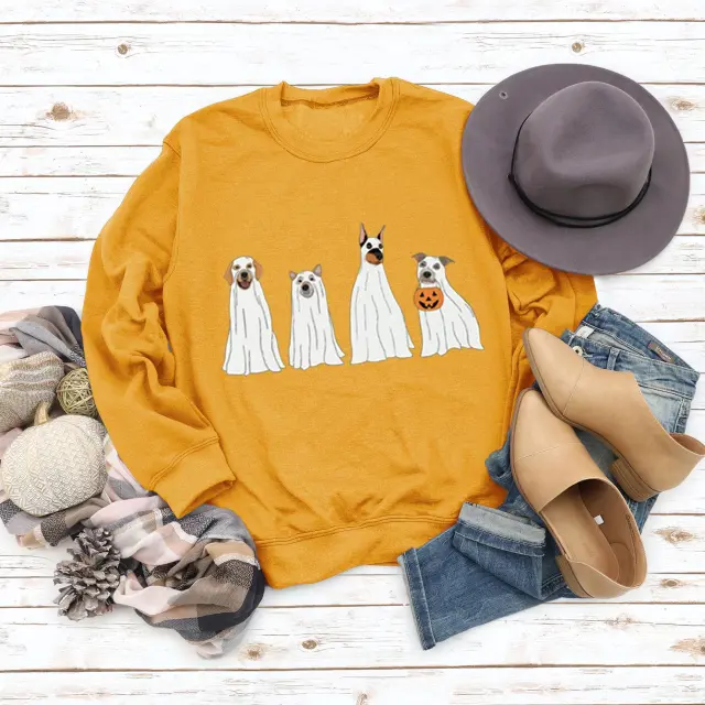 Halloween Ghost Puppy Printed Round Neck Long Sleeve Sweater Yellow - Shop at LoveMi