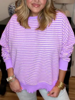 Women's Loose Striped Sweatshirt Long Sleeve - Violet-M - View 1