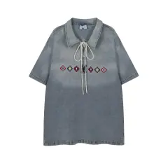American-style Retro Washed Embroidered Denim Lapel Short-sleeved T-shirt - Blue - View 1