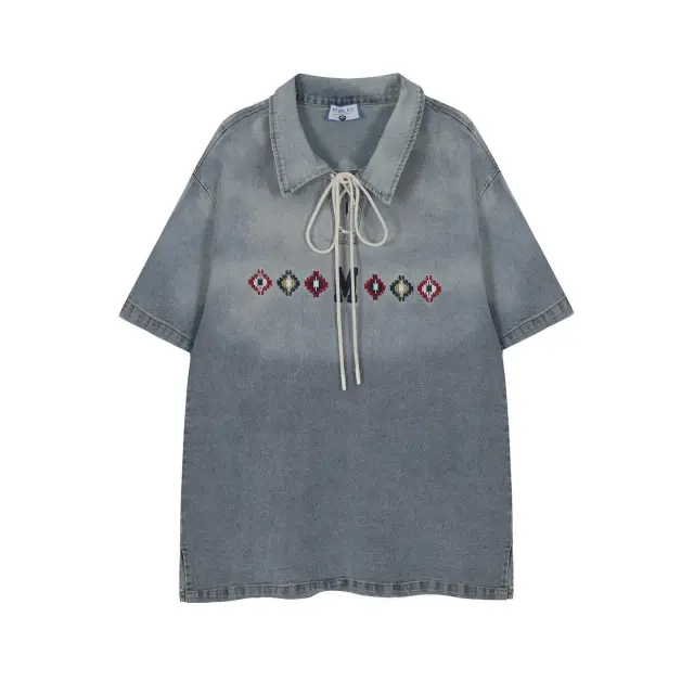American style Retro Washed Embroidered Denim Lapel Short sleeved T shirt Blue - Shop at LoveMi
