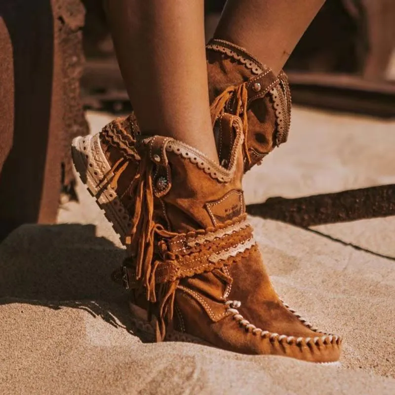 Autumn And Winter New Tassel Burning Flower Women's Boots - Brown