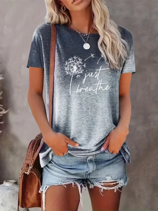 European And American Gradient Printing T shirt Round Neck Straight Gray - Shop at LoveMi