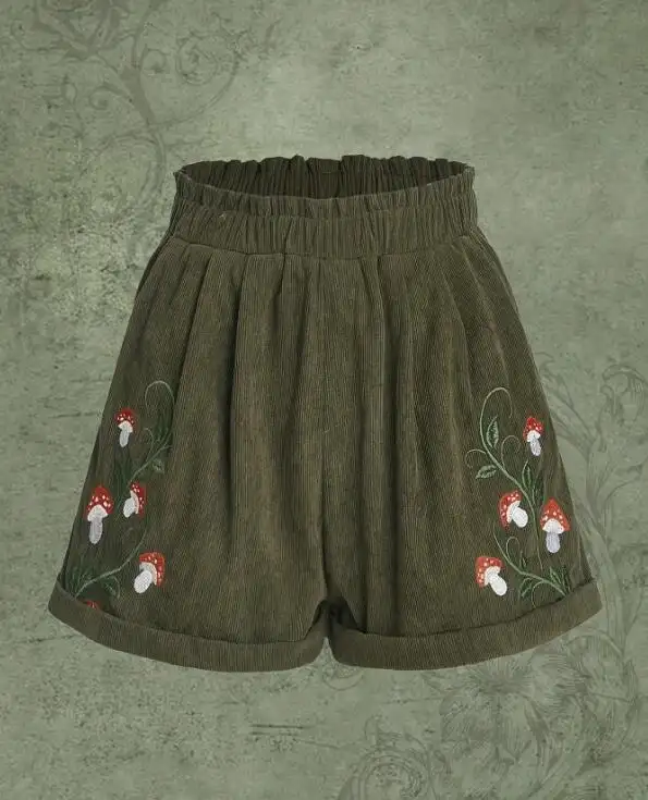 Corduroy Mushroom Embroidered Elastic-Waist Casual Shorts