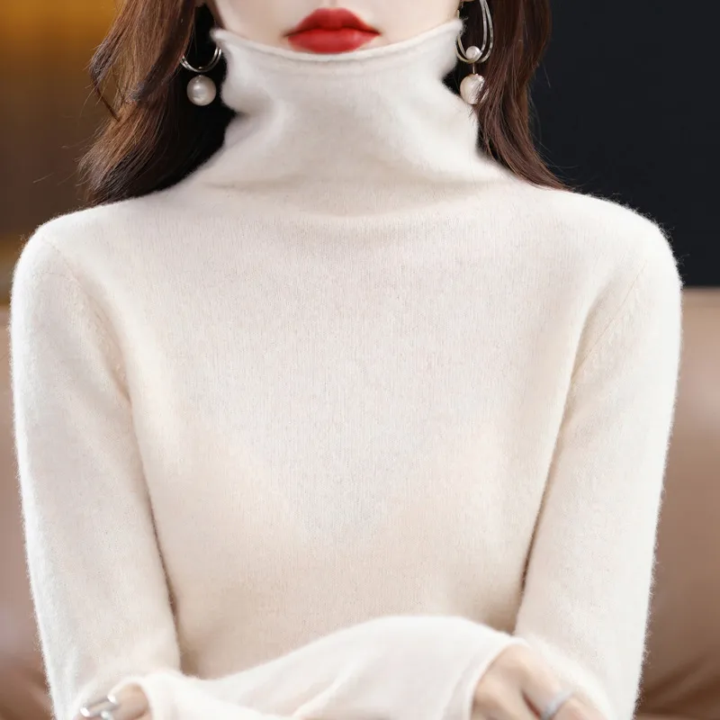Pile Collar Woolen Sweater Women's Bottoming Shirt Turtleneck Sweater - Beige