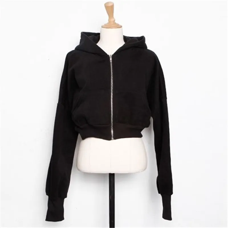 Autumn And Winter New Fashion Zipper Coat Pure Cotton High-grade Hooded American Short Sports Sweater - Black Without Velvet