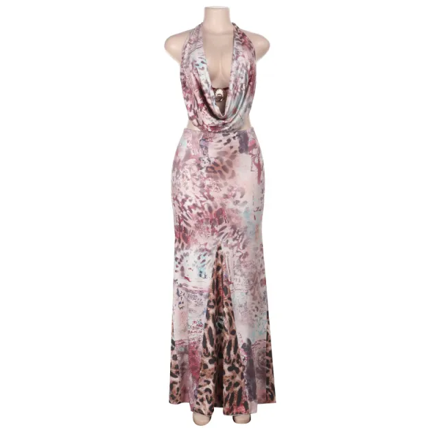 Spaghetti strap Floral Print Waist baring Summer New Backless Dress Cameo Brown - Shop at LoveMi