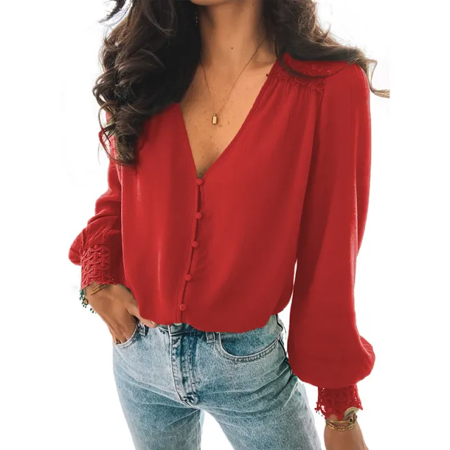 Solid Color Lace V neck Single breasted Shirt For Women Red - Shop at LoveMi