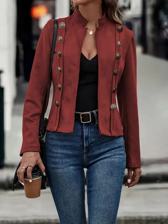 Double row Metal Buckle Deerskin Velvet Retro Long sleeved Coat Red - Shop at LoveMi