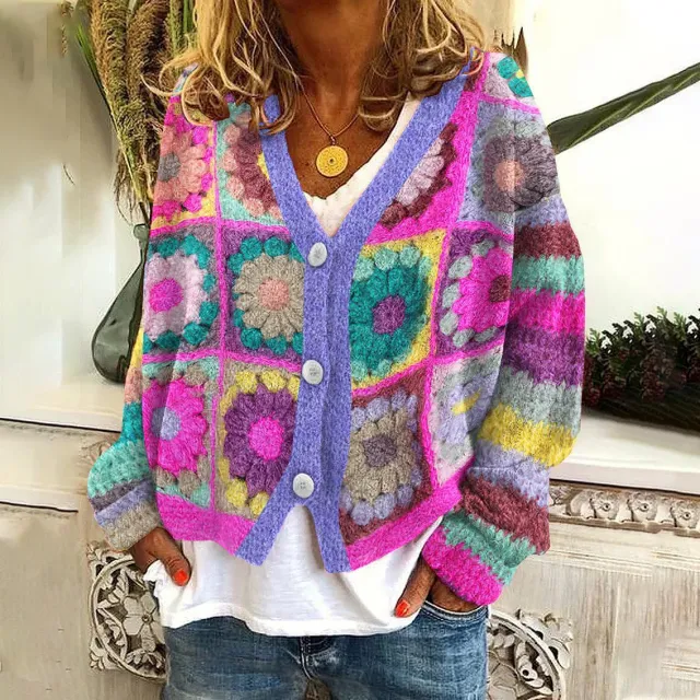 New Christmas Abstract Flowers Printing Sweater Fashion Casual Short Cardigan Coat Womens Clothing Red - Shop at LoveMi