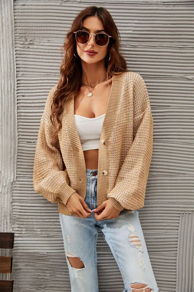 Knitwear Plus Size Button Sweater Short Khaki - Shop at LoveMi