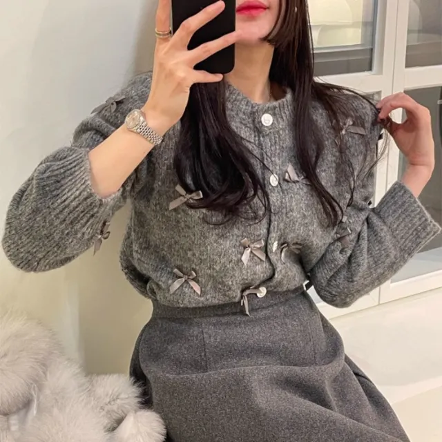 Round Neck Bowknot Decorative Loose All match Knitted Cardigan Sweater Coat For Women Gray - Shop at LoveMi