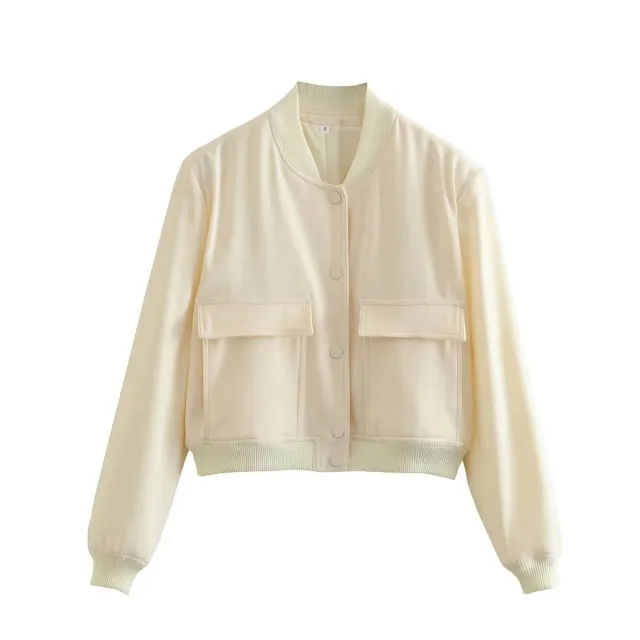 Autumn Y2g Stand Collar Double Pocket Biker Pilot Jacket Top Creamy White - Shop at LoveMi