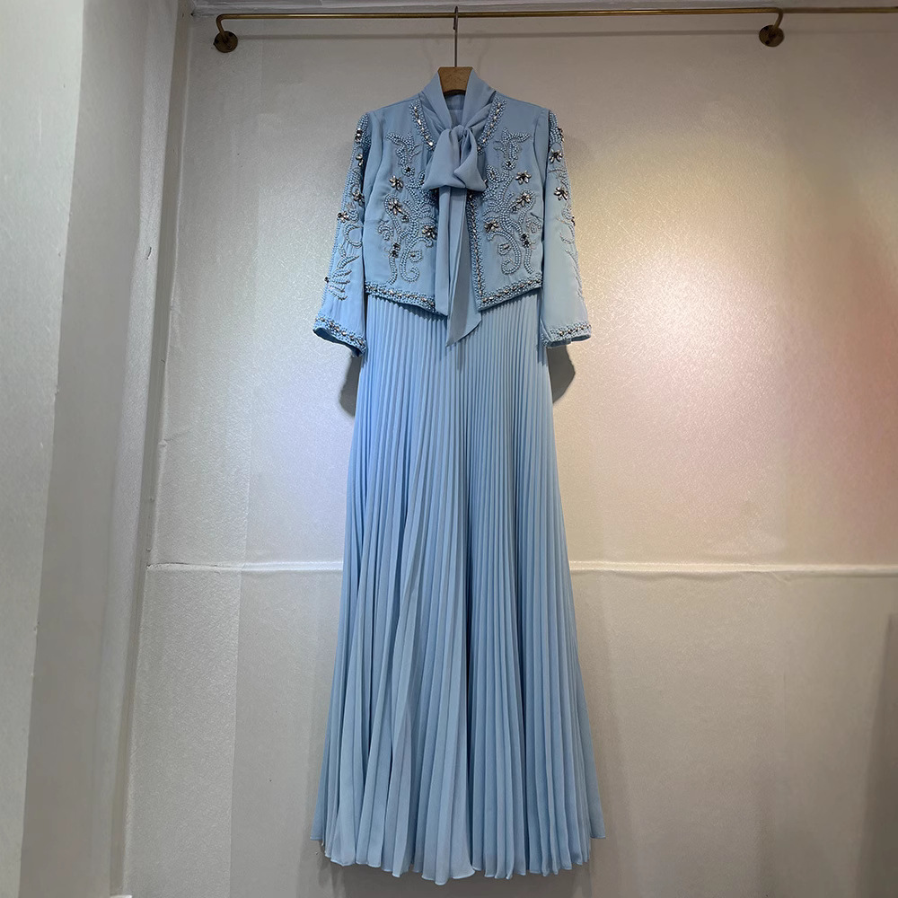 Fashion Round Neck Bowknot Flower Patchwork Pleated Skirt