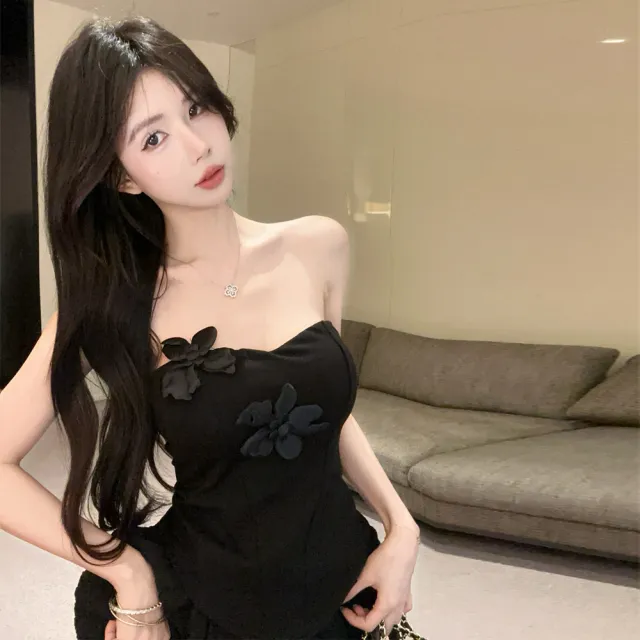 Tube Top High Waist A Line Skirt Suit Black Coat - Shop at LoveMi