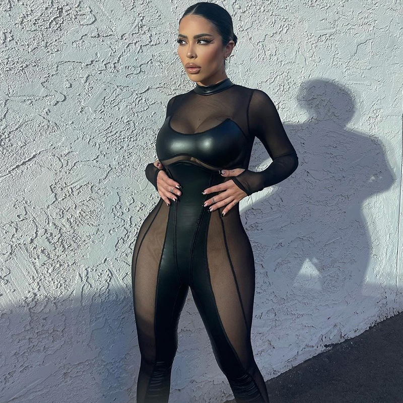 Spliced Mesh Sheer Long-Sleeve Sexy Bodycon Black Jumpsuit
