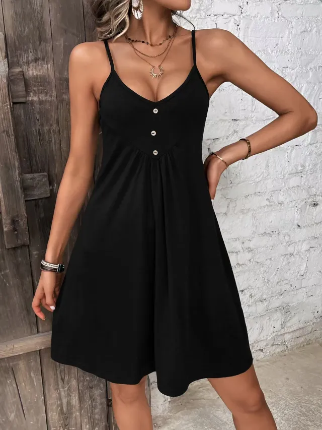 Solid Color V Loose Waist Dress Black - Shop at LoveMi