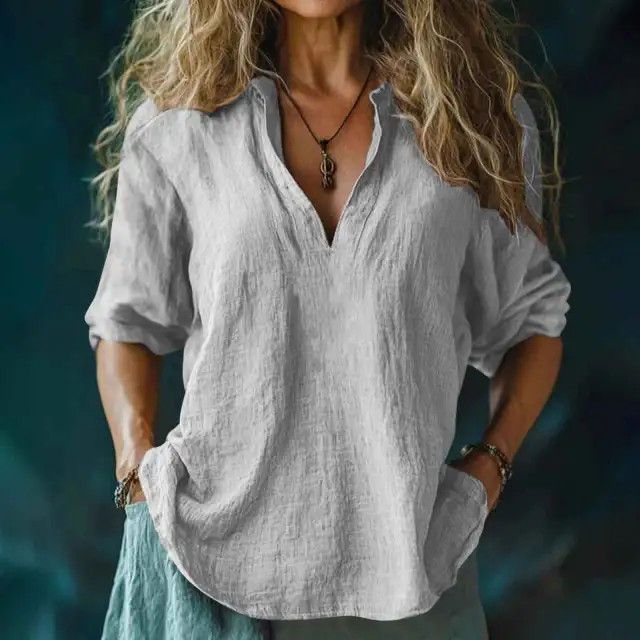 Women's Cotton And Linen V neck Shirt Light Gray - Shop at LoveMi